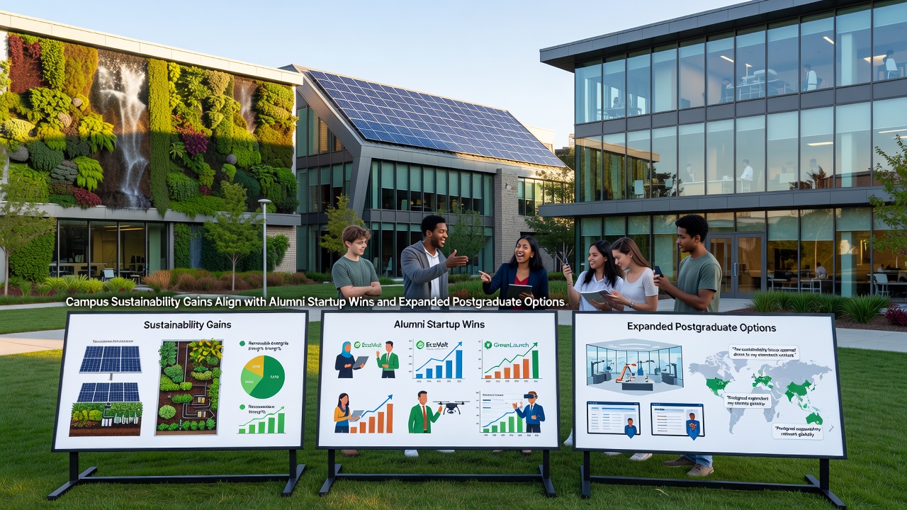 Students and faculty collaborating in a sustainability lab equipped with 3D printers, biomass testing rigs, and data-visualization screens