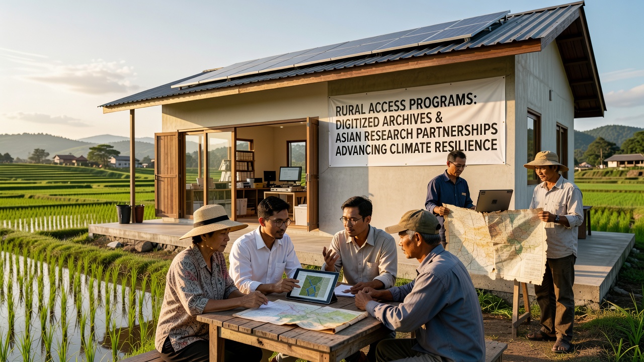 Researchers reviewing merged digital archives and Asian partnership data for climate mobility analysis